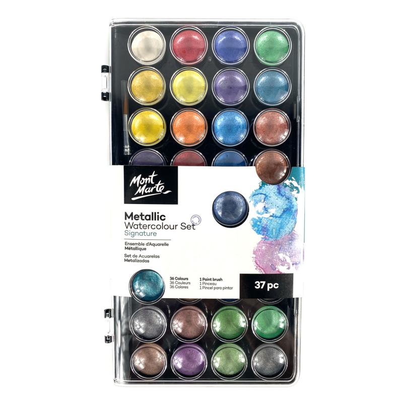 Набір акварельних фарб MONT MARTE Signature Metallic з перламутром 36 кольорів+1 пензлик