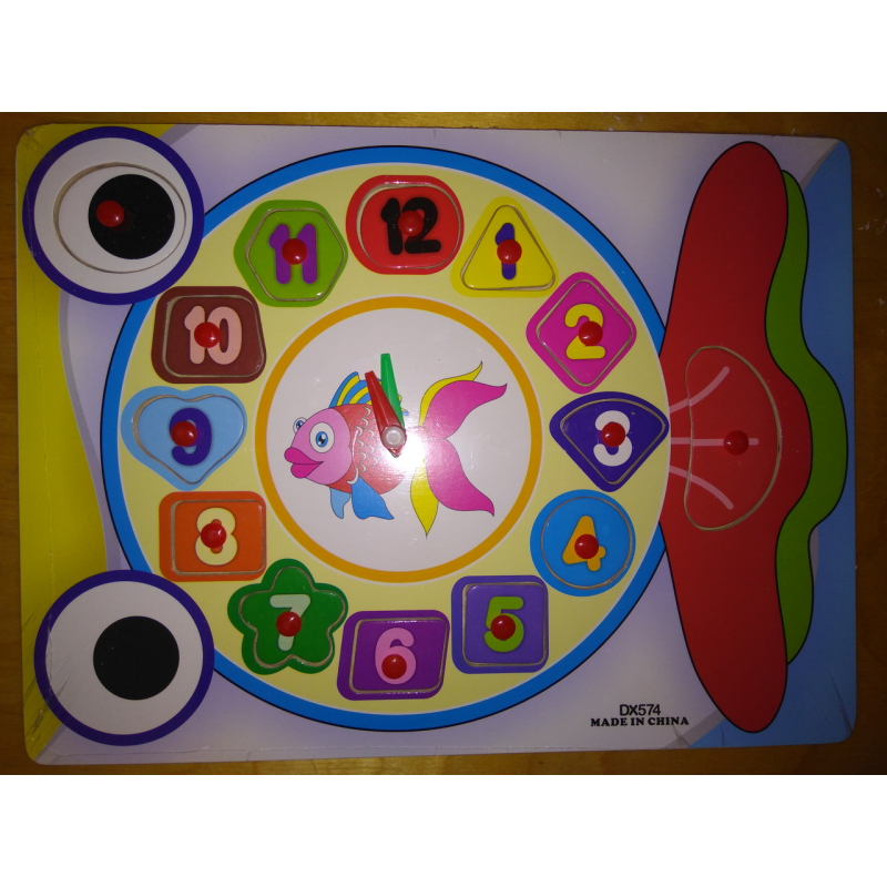 Дерев“яна іграшка Пазли Годинник Рибка, цифри-пазли, рамка-вкладиш, у ляльці, 30-22-1 см