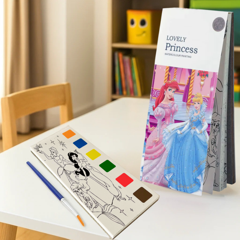 Альбом “Princess“ для розфарбовування акварельними фарбами розмальовка з пензликом і фарбами для творчості
