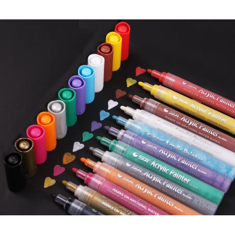 Маркери акрилові STA для малювання, преміум якість, набір 12 кольорів, універсальні для скла, дерева, ткани та кераміки