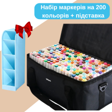 Маркери набір Touch Smooth 200 шт двосторонні спиртові для малювання, скетчів+Підставка блакитна під маркери