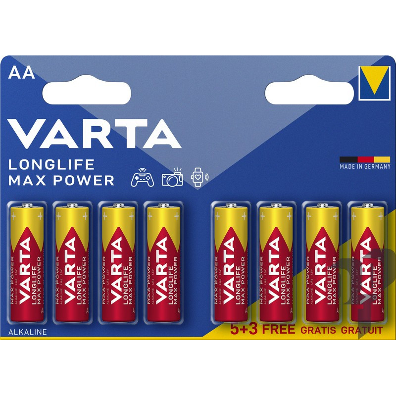 Батарейка Varta Longlife Max Power, Alkaline LR6 (АА), лужна, 8 шт., 22 грн/шт.