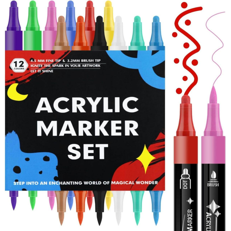 Двосторонні акрилові маркери, 12 кольорів, для малювання на склі, дереві, тканині, якісні маркери