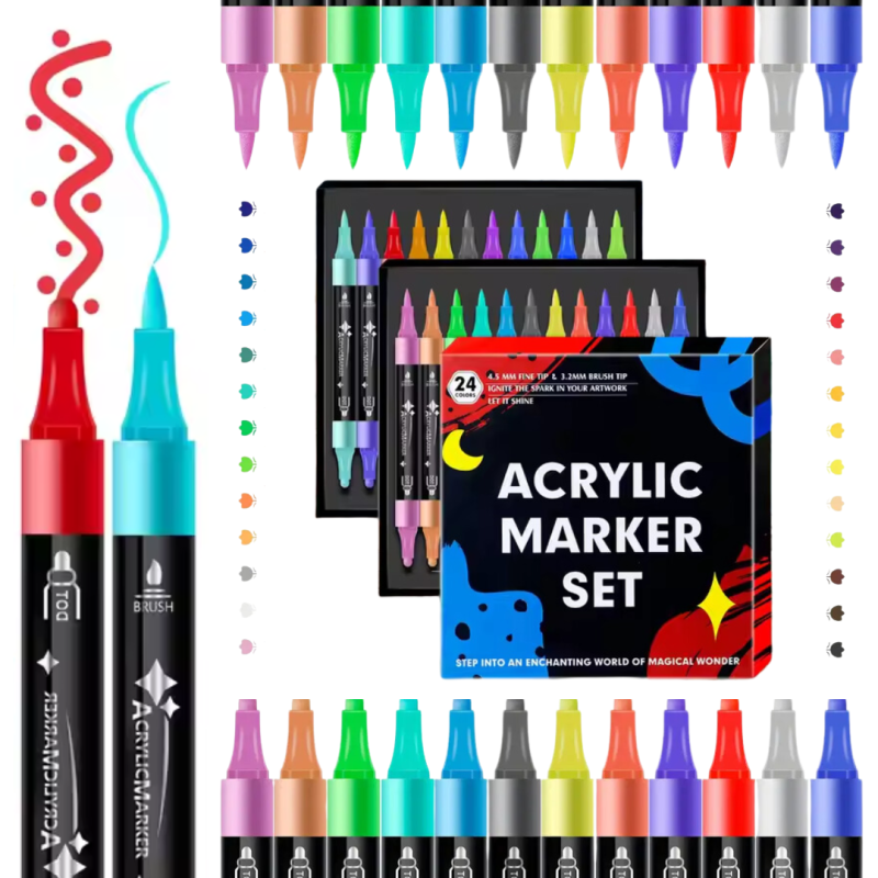 Акрилові маркери, 24 кольори, двосторонні, для малювання на склі, дереві, тканині, якісні маркери