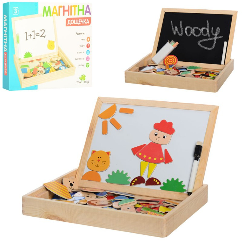 Іграшка дерев“яна Дощечка MD 0693 двостороння, фігурки магн., маркер, крейда
