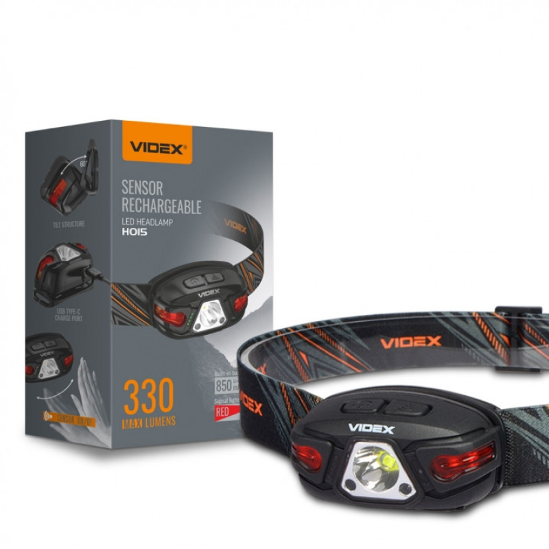 Налобний світлодіодний ліхтарик Videx H015 330 Lm 5000K, вбудований акумулятор 850mAh