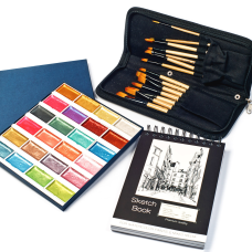 Акція! Набір акварельних фарб з перламутровим ефектом + Набір пензликів 14 шт + Скетчбук для малювання