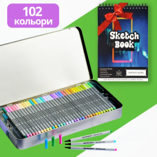 Набір різнокольорових лінерів в металевому кейсі 102 кольорів 0.4 мм + Альбом для скетчинга А4 на 50 аркушів